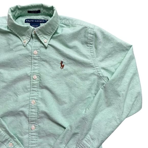 Ralph Lauren Womens Mint Green Slim Fit Button Down Shirt Size 4 Pony Logo - Picture 1 of 9